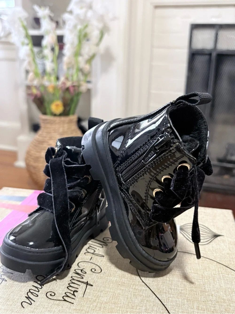 H&M Black Patent Lace-Up Kids Boots with Velvet Laces